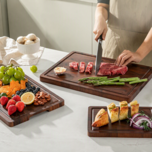 Walnut Wood End Grain Cutting Board Set 2.5cm Thick FSC Certified Non-Toxic Non-Slip Feet 3 Sizes Meal Prep Serving Gift Box