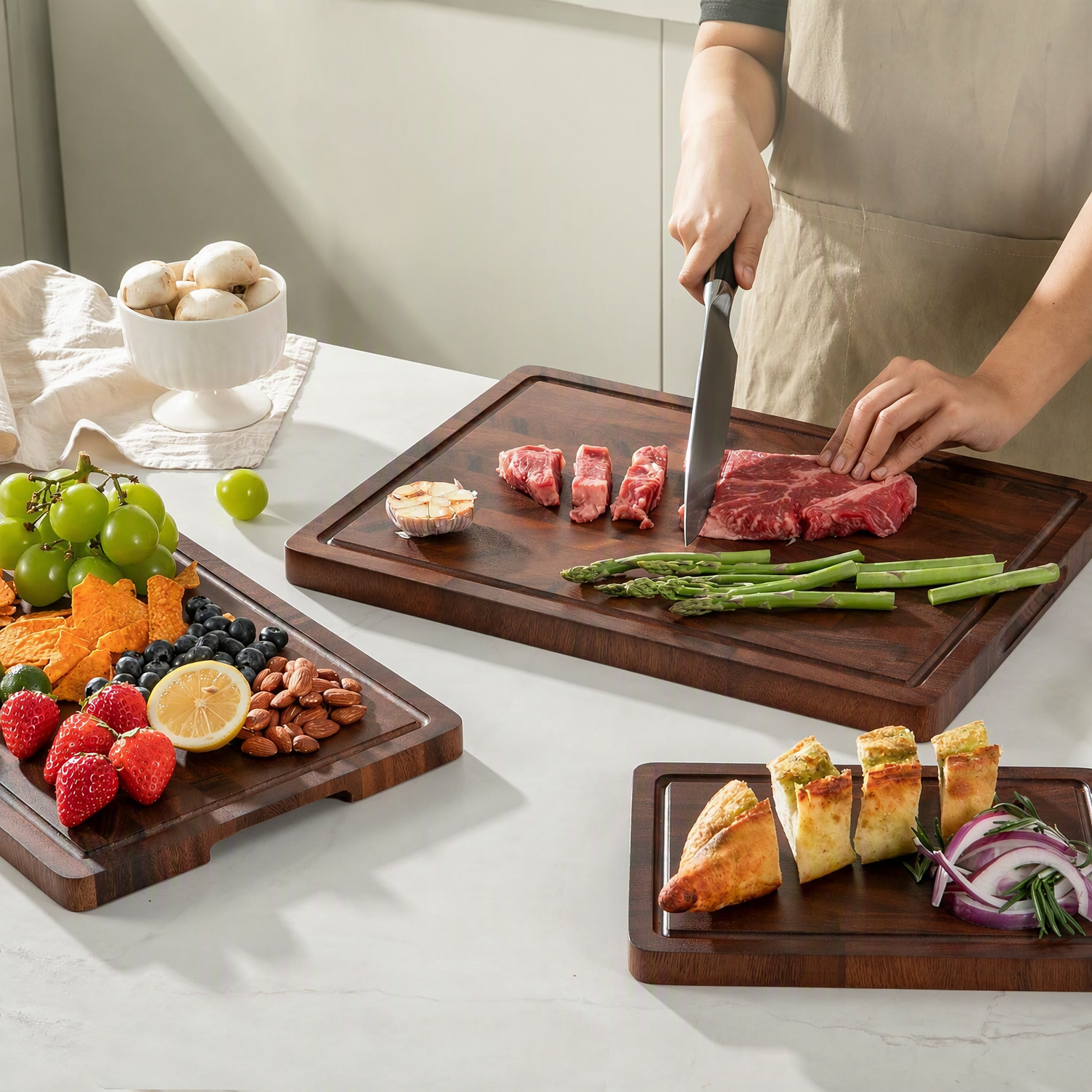 Walnut Wood End Grain Cutting Board Set 2.5cm Thick FSC Certified Non-Toxic Non-Slip Feet 3 Sizes Meal Prep Serving Gift Box