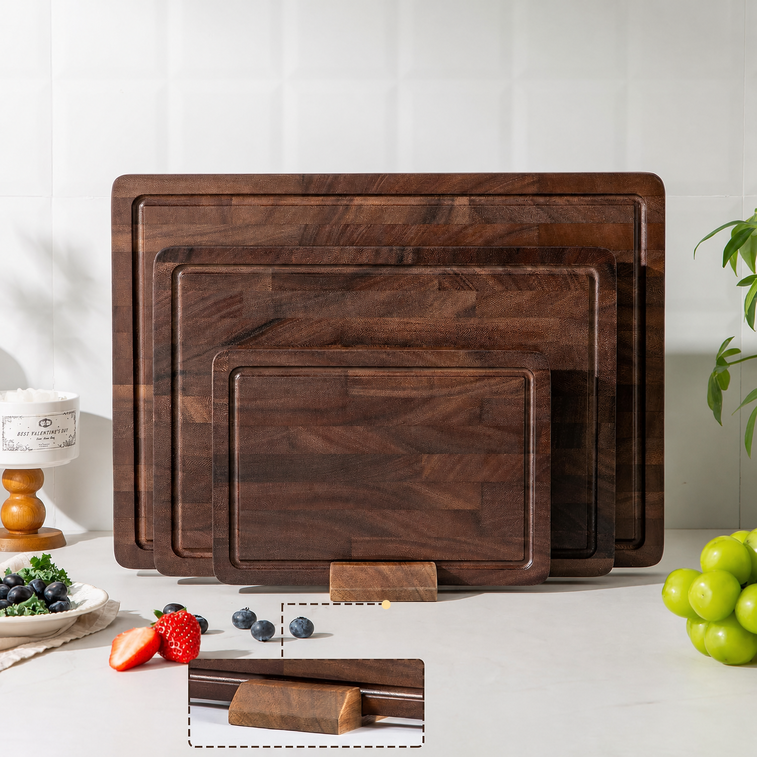 Walnut Wood End Grain Cutting Board Set 2.5cm Thick FSC Certified Non-Toxic Non-Slip Feet 3 Sizes Meal Prep Serving Gift Box - Image 3