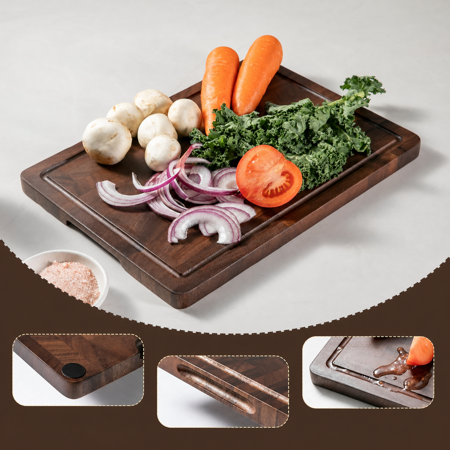 Walnut Wood End Grain Cutting Board Set 2.5cm Thick FSC Certified Non-Toxic Non-Slip Feet 3 Sizes Meal Prep Serving Gift Box - Image 4