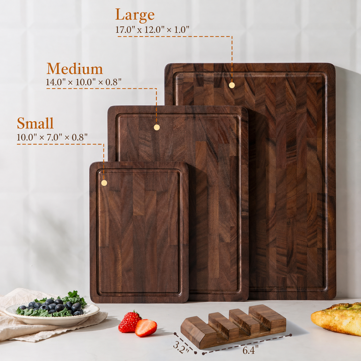 Walnut Wood End Grain Cutting Board Set 2.5cm Thick FSC Certified Non-Toxic Non-Slip Feet 3 Sizes Meal Prep Serving Gift Box - Image 7