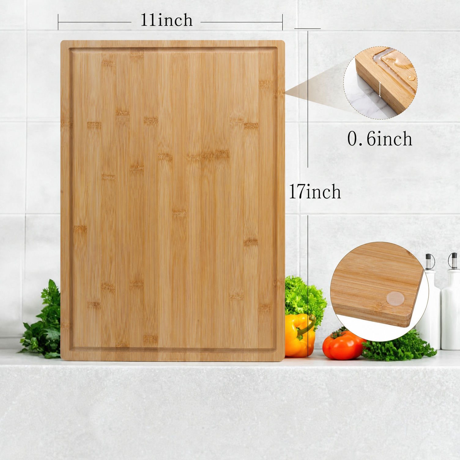 17"11" Bamboo Cutting Boards Kitchen Knife-Friendly Food Grade 1.5cm Thick Reversible Natural Deep Juice Groove Chopping - Image 7