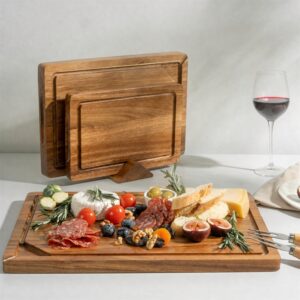 Acacia Wood 3-Piece Cutting Board Set Deep Juice Grooves Butcher Block Design 2.5cm Thick Rectangle Shape Combination Packaging