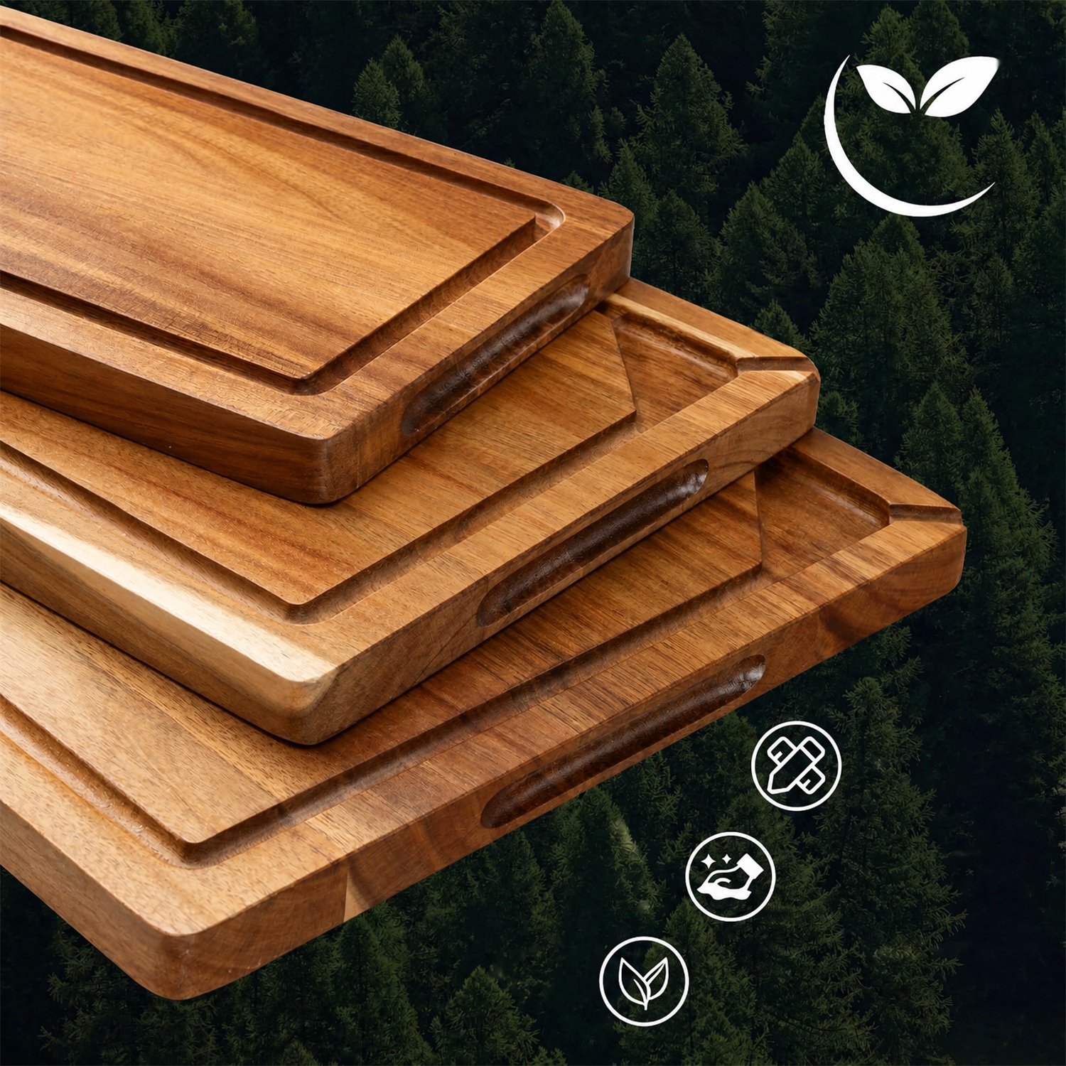 Acacia Wood 3-Piece Cutting Board Set Deep Juice Grooves Butcher Block Design 2.5cm Thick Rectangle Shape Combination Packaging - Image 3