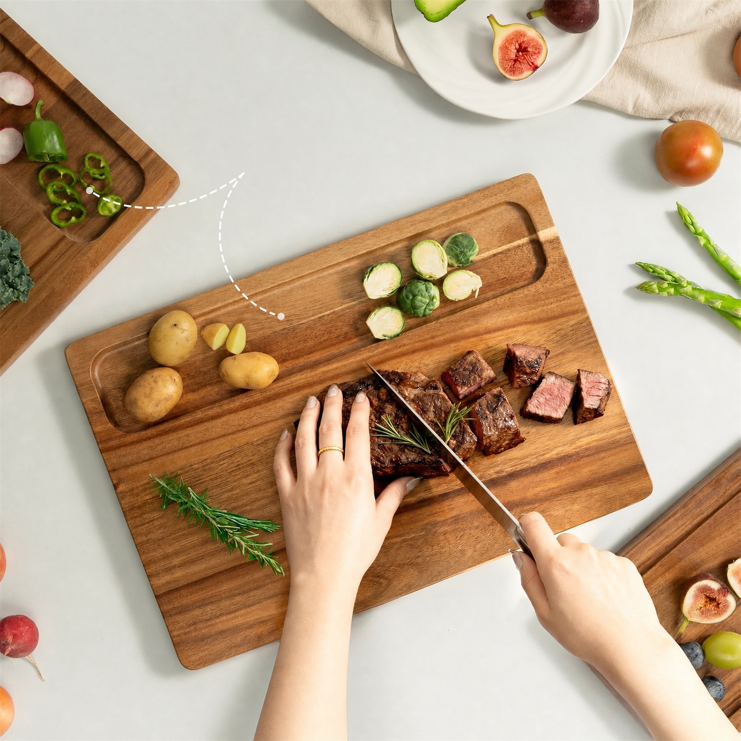 Acacia Wood 3-Piece Cutting Board Set Deep Juice Grooves Butcher Block Design 2.5cm Thick Rectangle Shape Combination Packaging - Image 5