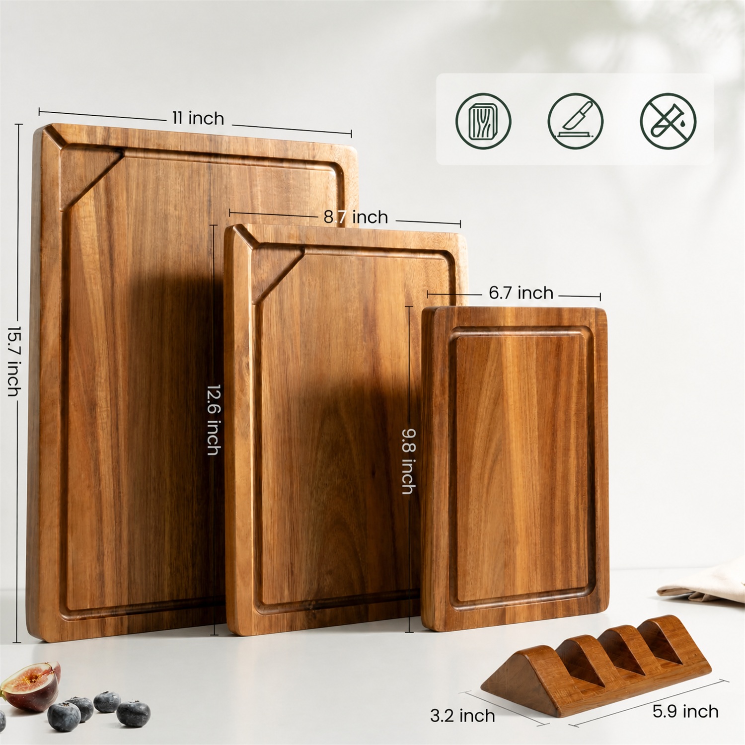 Acacia Wood 3-Piece Cutting Board Set Deep Juice Grooves Butcher Block Design 2.5cm Thick Rectangle Shape Combination Packaging - Image 7