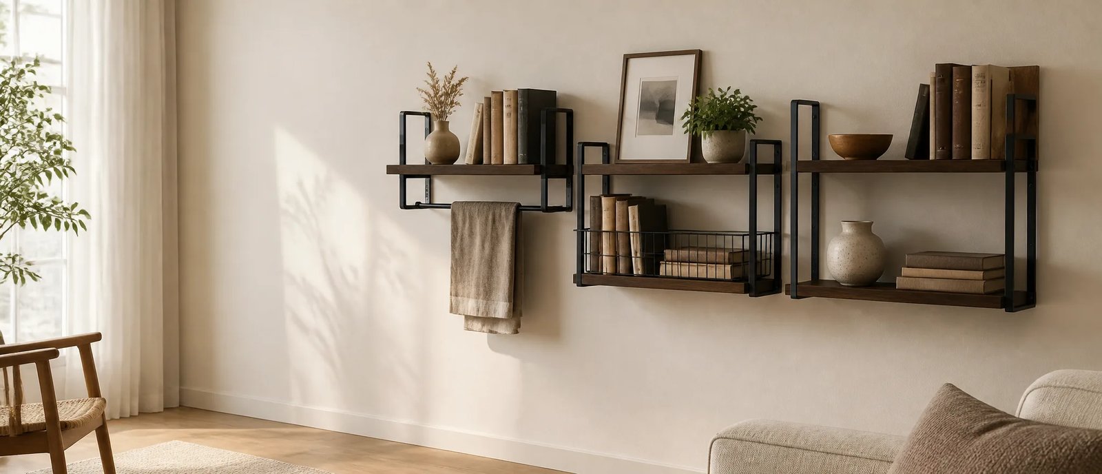 Wooden wall shelves styled in a modern interior