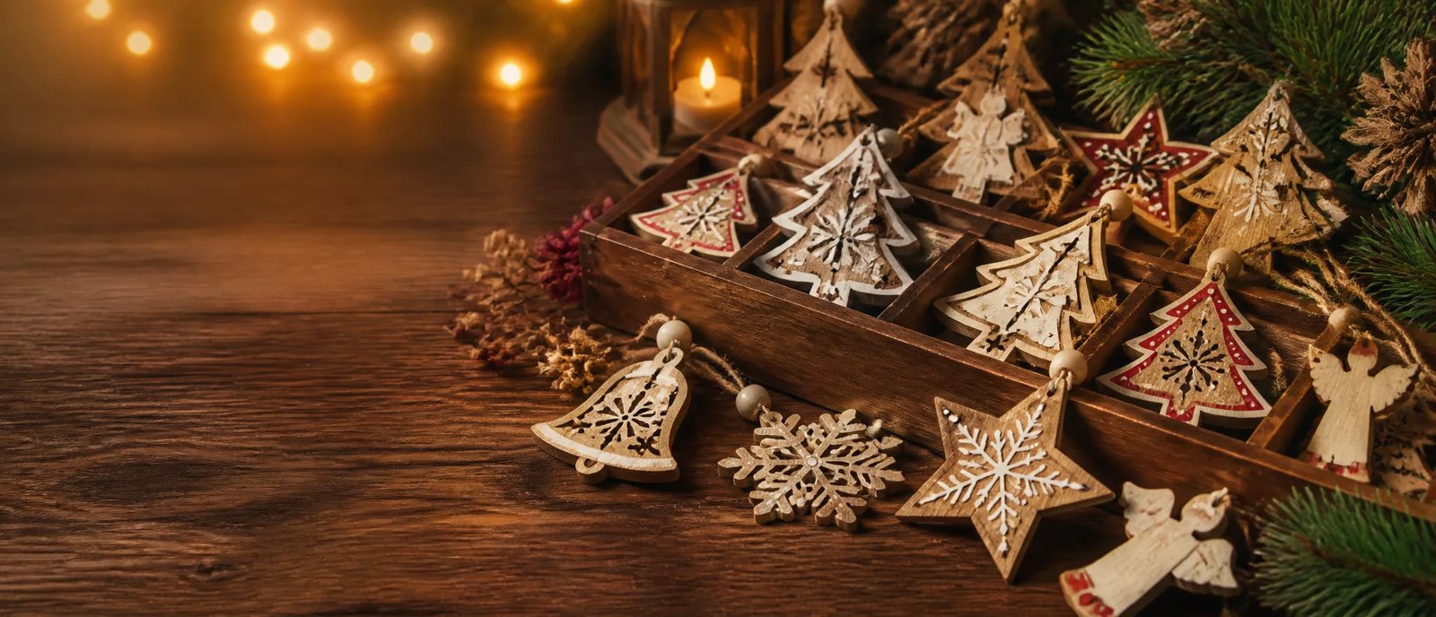 Handcrafted wooden Christmas ornaments in festive scene