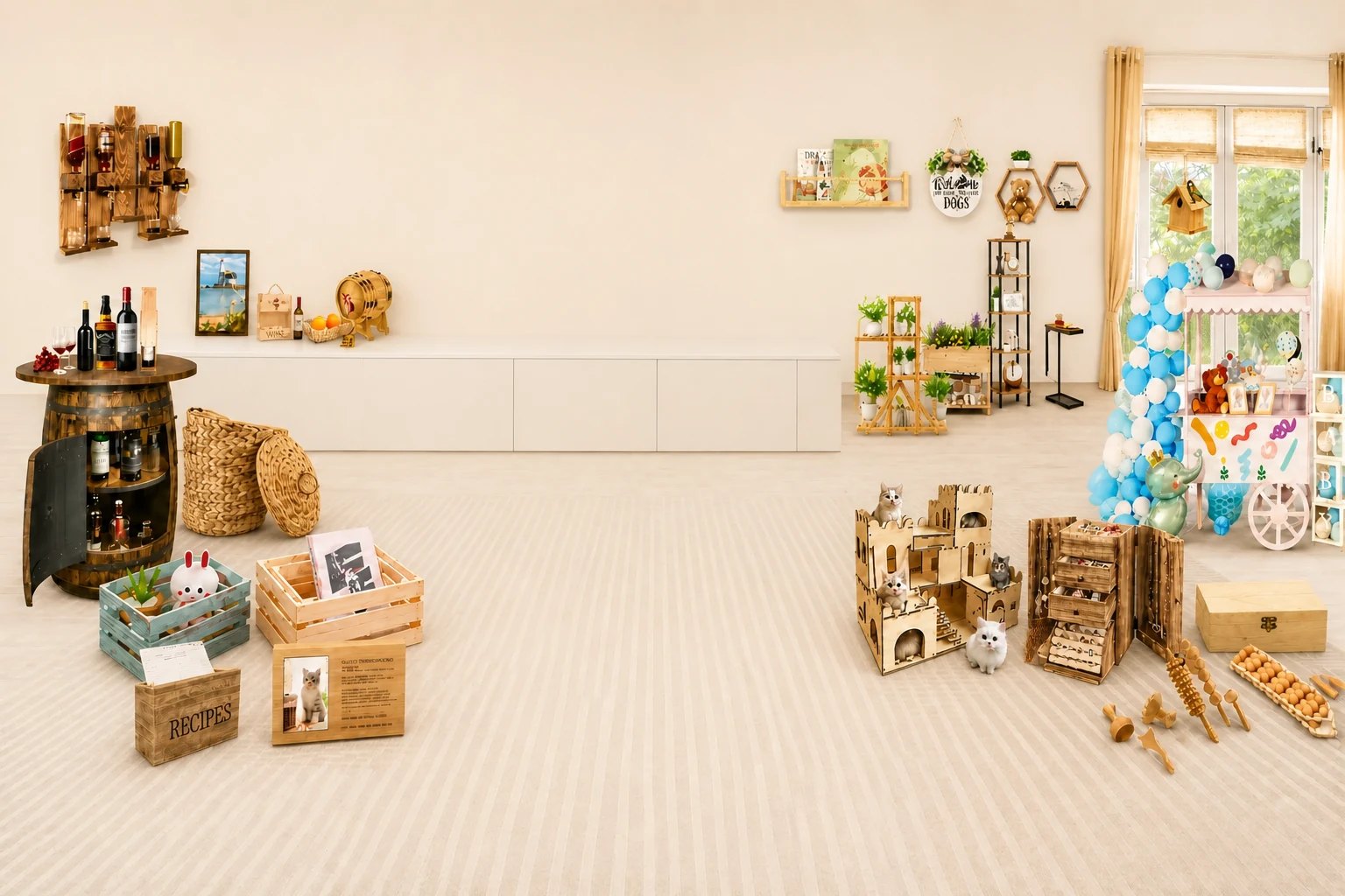 Huashen wooden giftware showroom: torched wine barrel bar cabinet, woven baskets and storage crates on the left; laser-cut cat house, jewellery cabinet, keepsake chest, wooden toys and party cart on the right