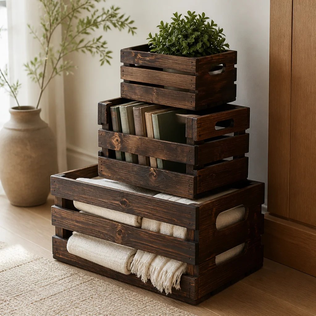 Torched wooden storage crates styled with blankets and books