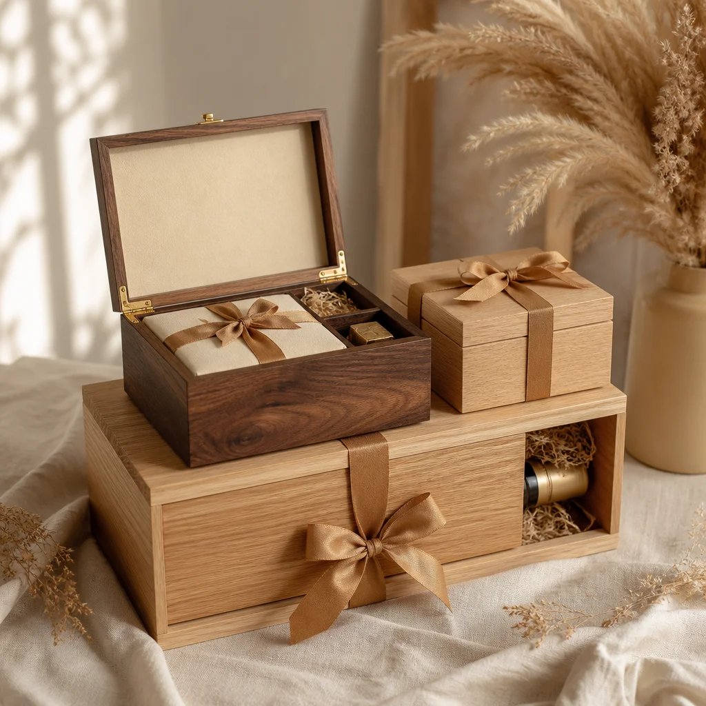Premium wooden gift boxes with kraft ribbon