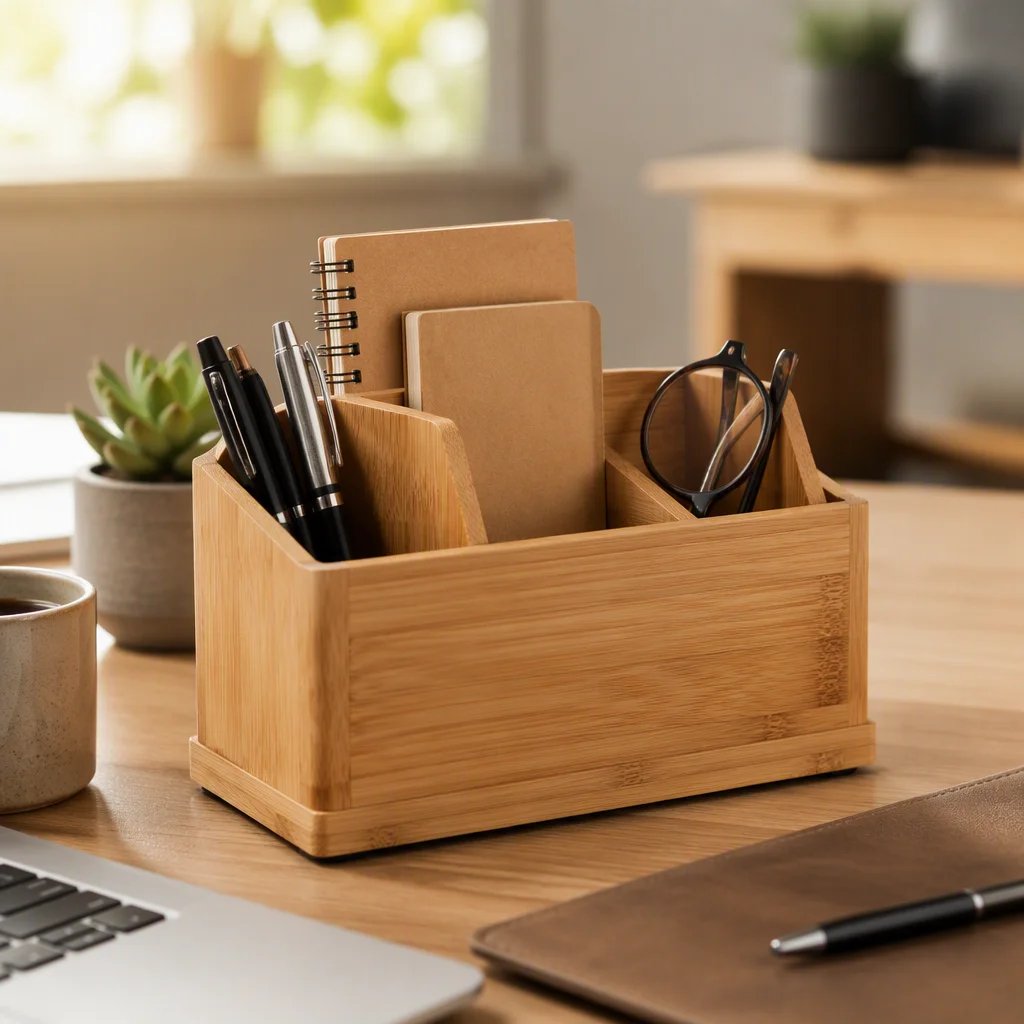 Wooden desk organizer on a premium office desk