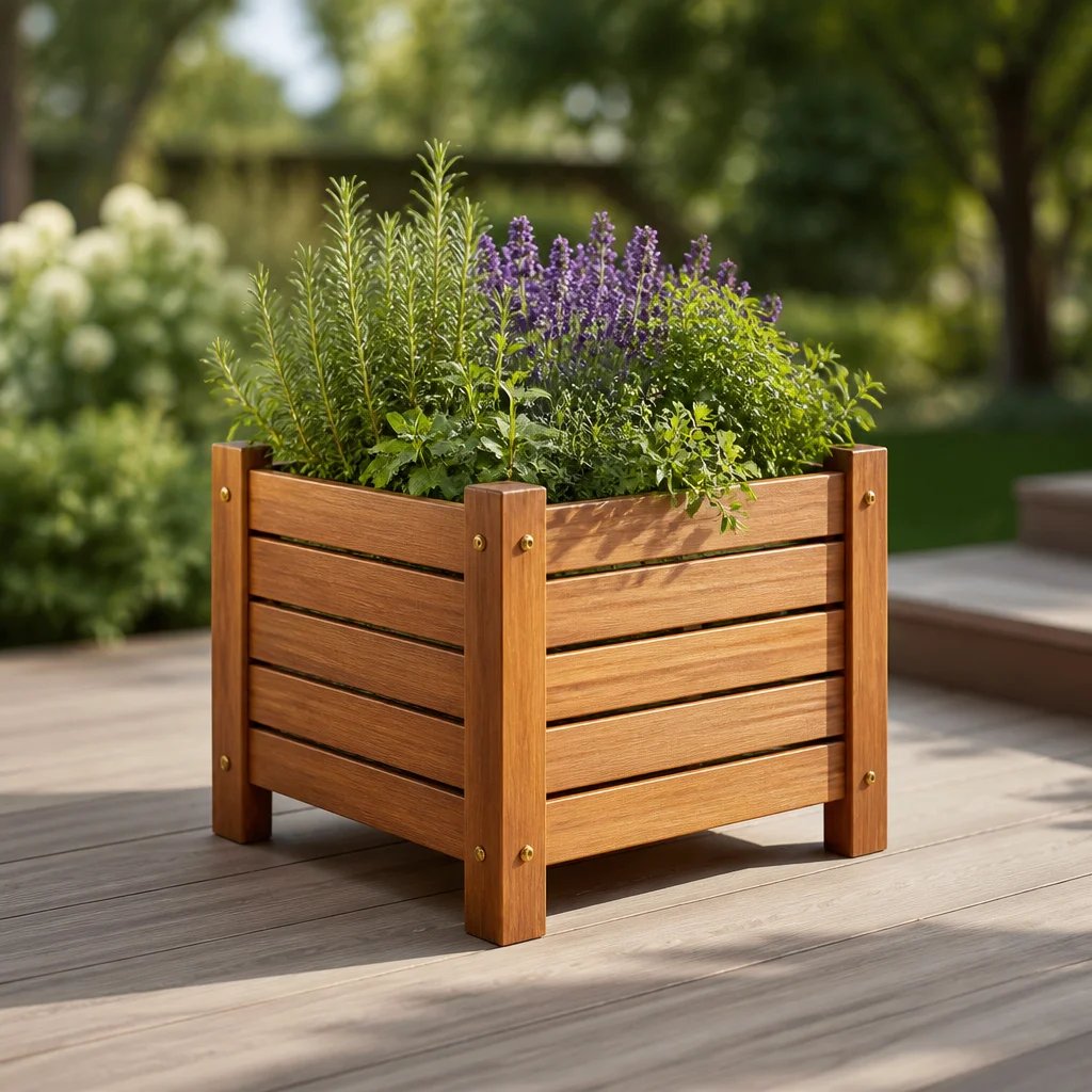 Wooden garden planter box with herbs on a deck