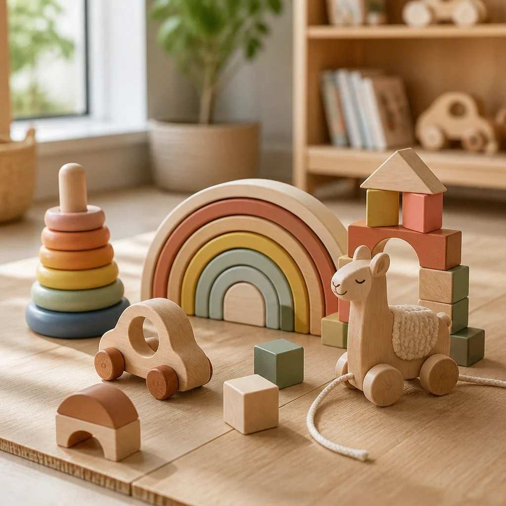 Natural wooden Montessori toys in a playroom