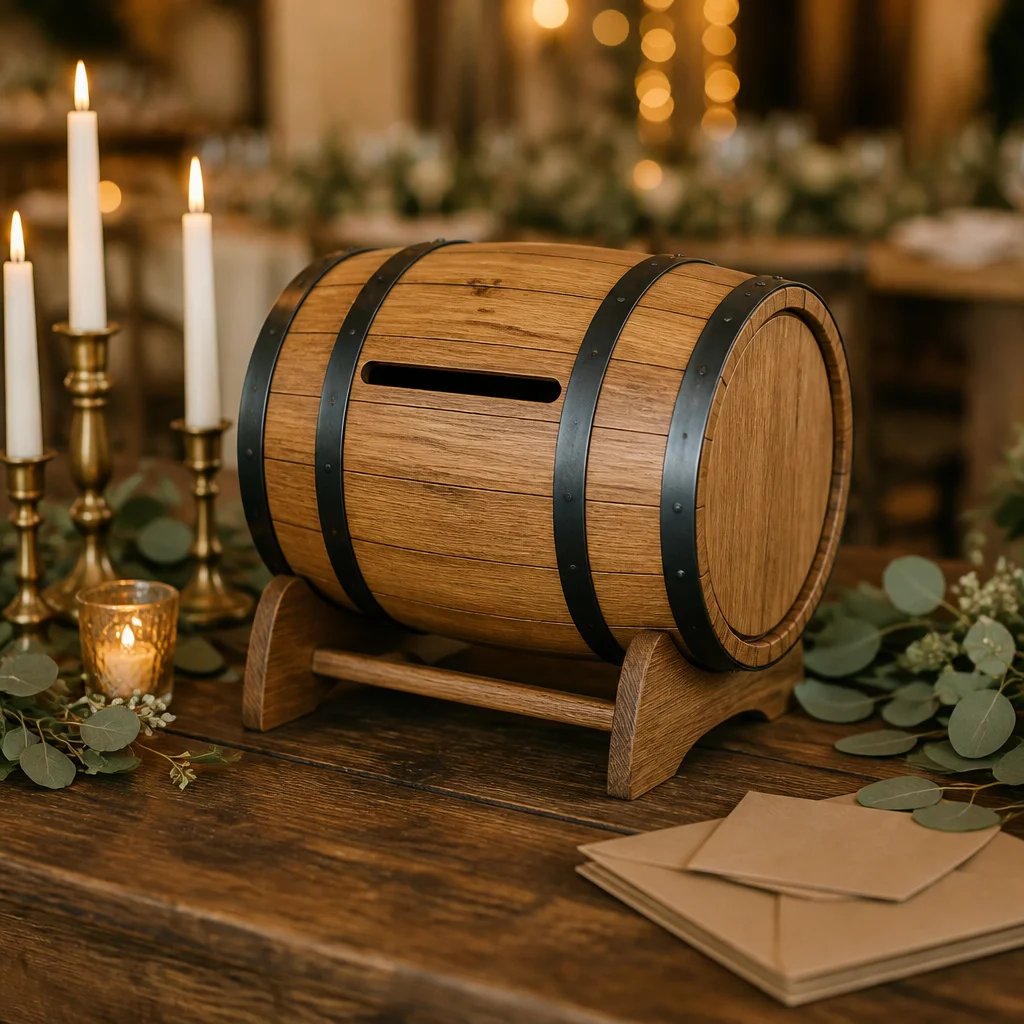 Wooden whiskey barrel card box on rustic wedding table