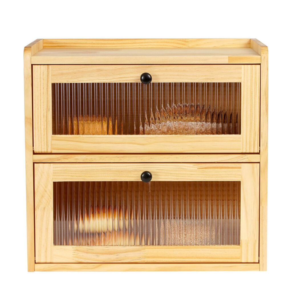 Wooden Bread Storage Box 2-Layer Bread Box Holder Farmhouse Bread Box for Kitchen Countertop Large Capacity