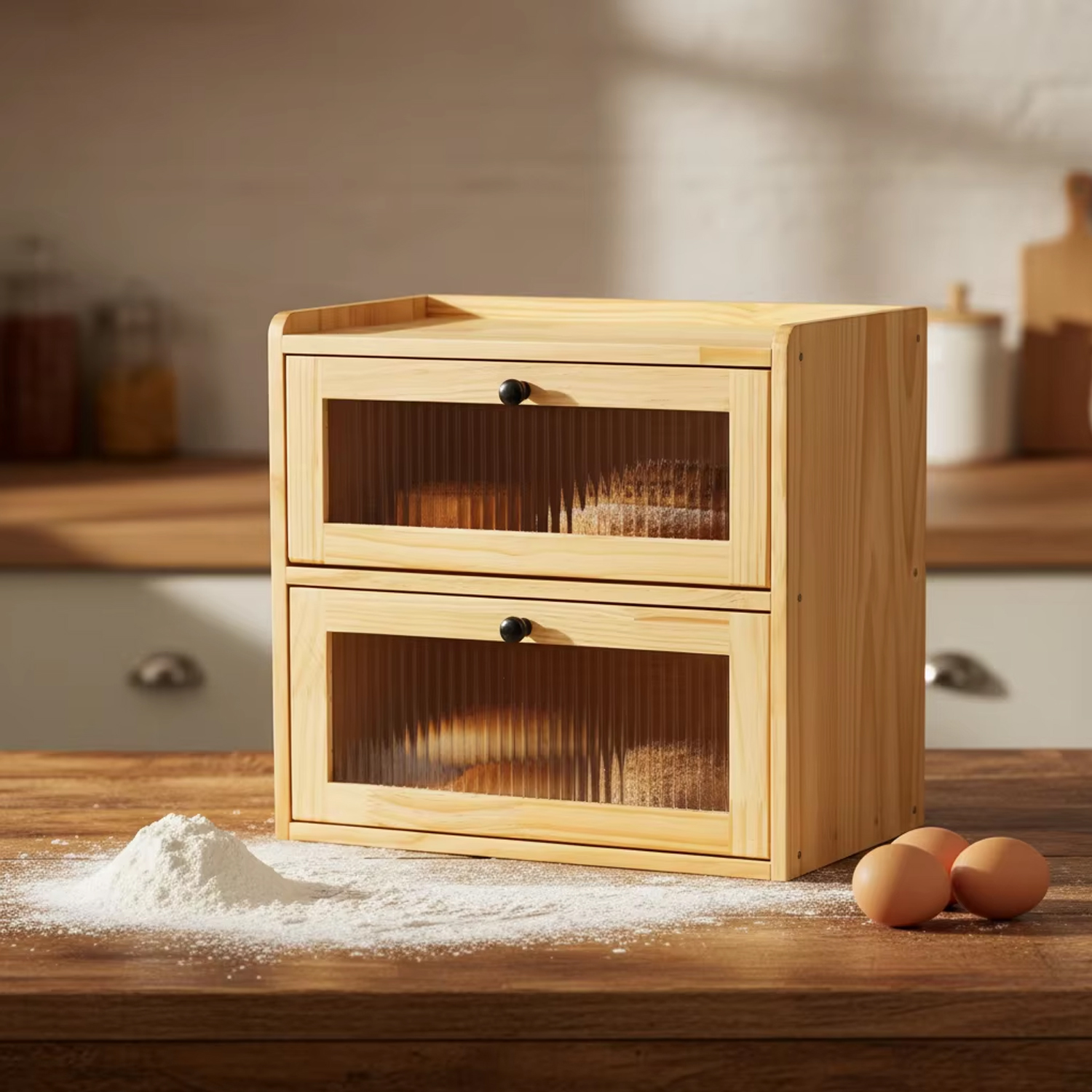 Wooden Bread Storage Box 2-Layer Bread Box Holder Farmhouse Bread Box for Kitchen Countertop Large Capacity - Image 2
