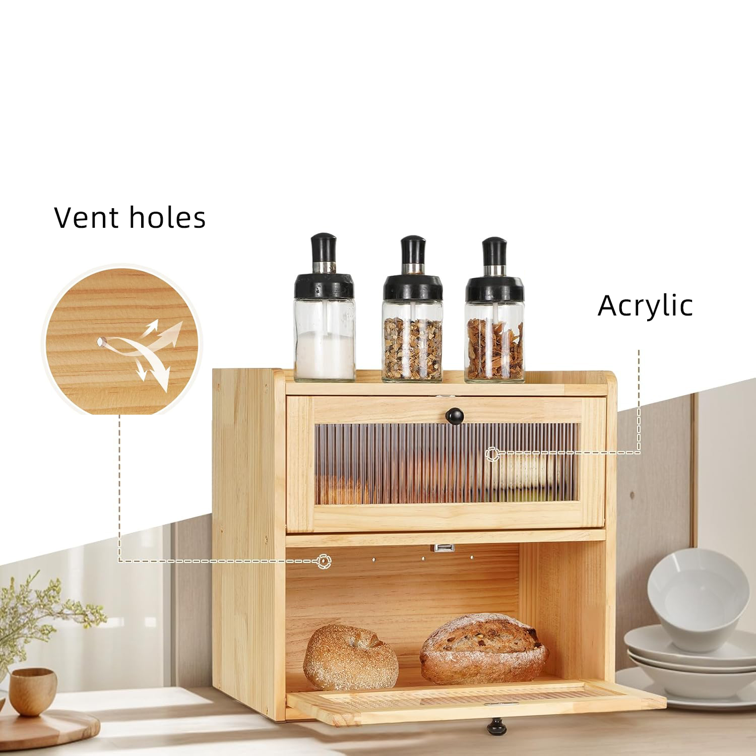 Wooden Bread Storage Box 2-Layer Bread Box Holder Farmhouse Bread Box for Kitchen Countertop Large Capacity - Image 3