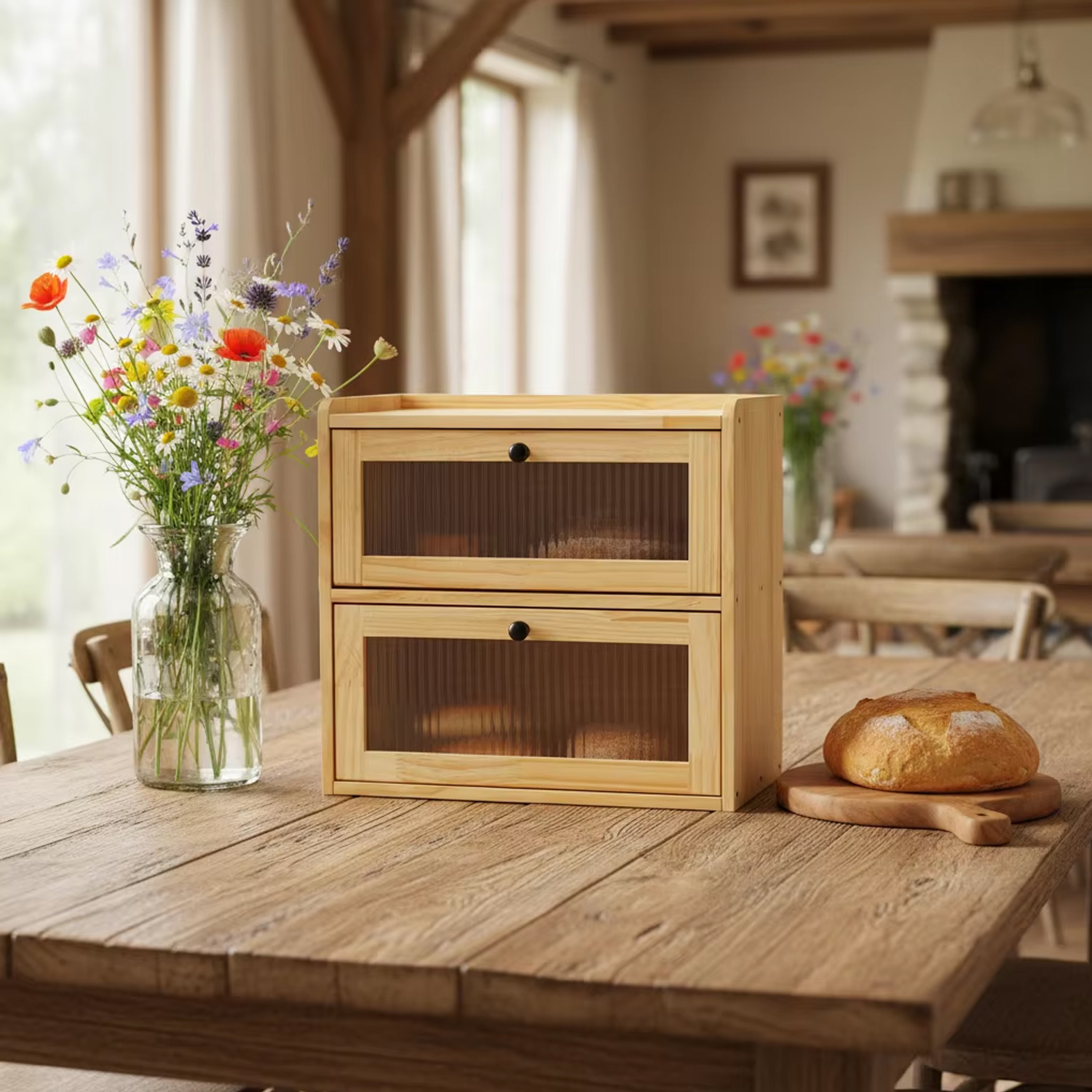 Wooden Bread Storage Box 2-Layer Bread Box Holder Farmhouse Bread Box for Kitchen Countertop Large Capacity - Image 6