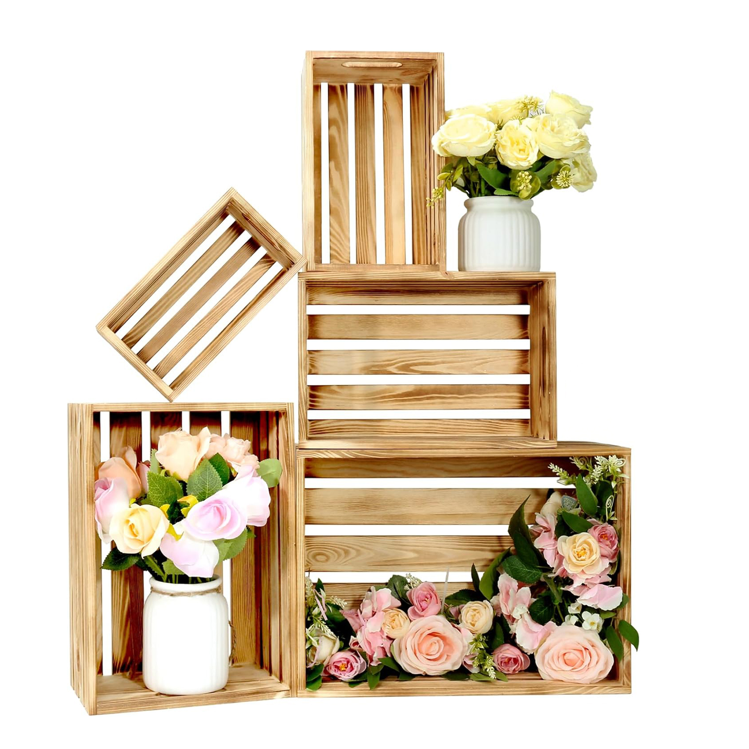 Decorative Wood Crates for Display 5-Size Farmhouse Wooden Basket for Storage Container and Decorations Rustic Nesting Crates Boxes with Handle