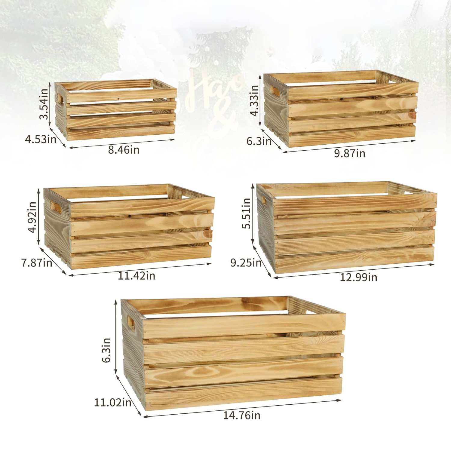 Decorative Wood Crates for Display 5-Size Farmhouse Wooden Basket for Storage Container and Decorations Rustic Nesting Crates Boxes with Handle - Image 2