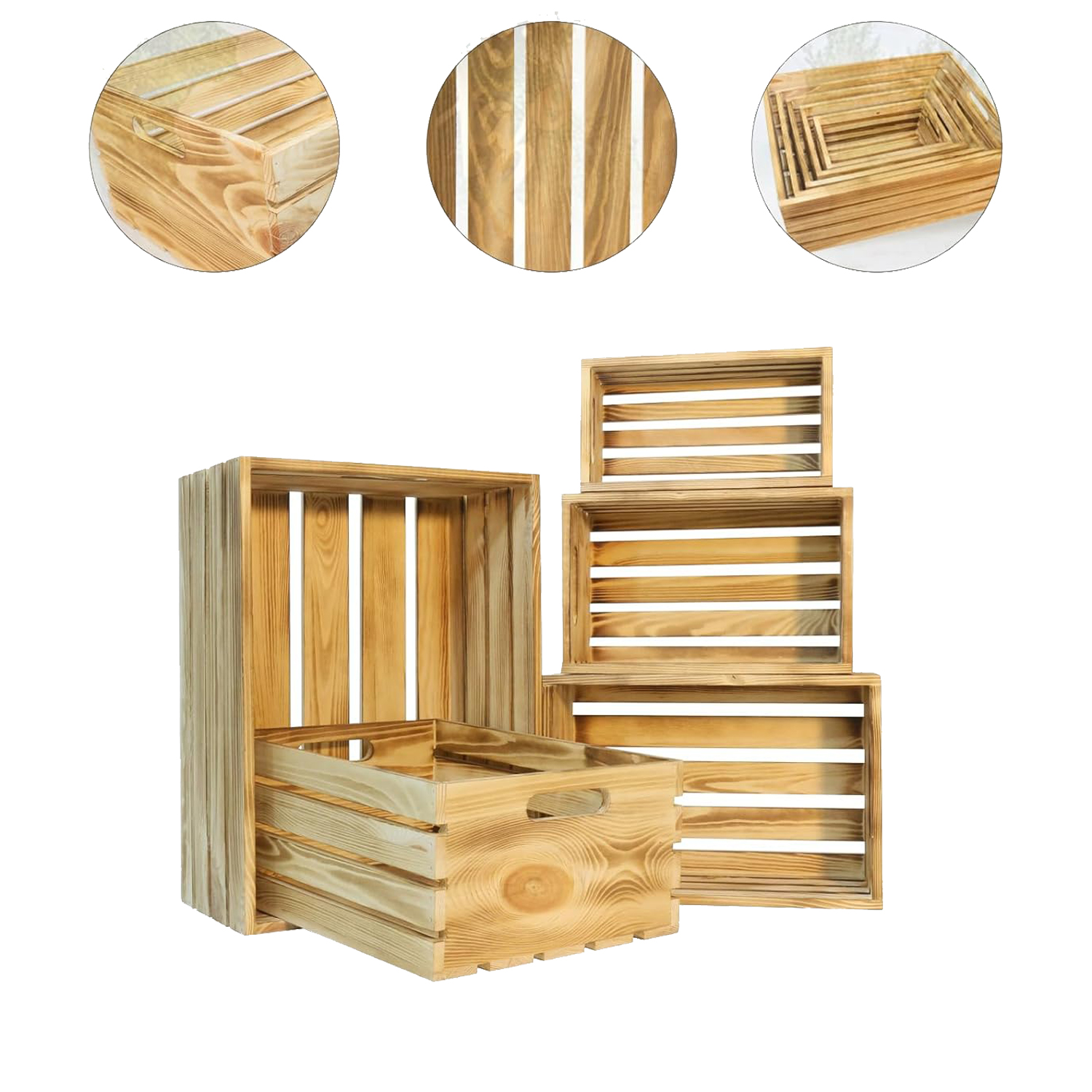 Decorative Wood Crates for Display 5-Size Farmhouse Wooden Basket for Storage Container and Decorations Rustic Nesting Crates Boxes with Handle - Image 3