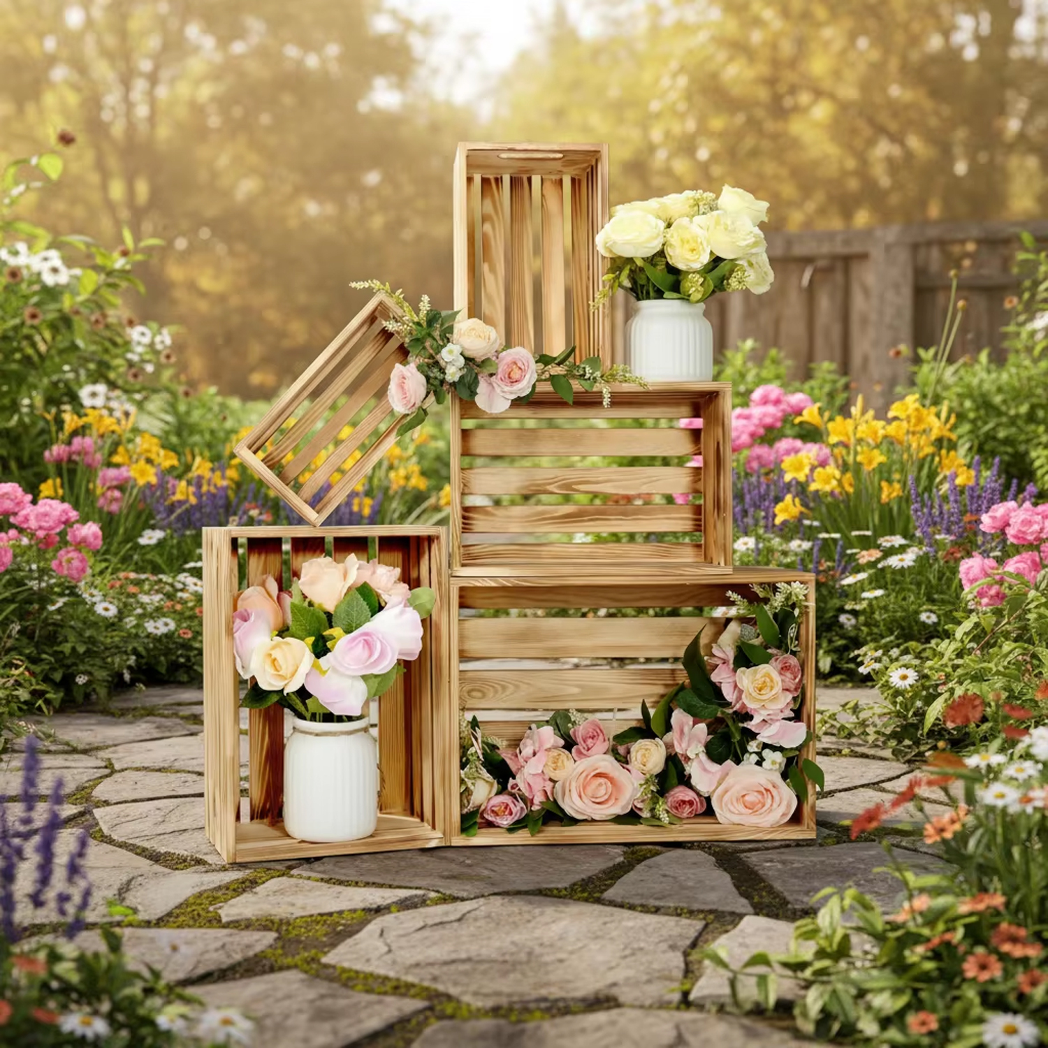 Decorative Wood Crates for Display 5-Size Farmhouse Wooden Basket for Storage Container and Decorations Rustic Nesting Crates Boxes with Handle - Image 5