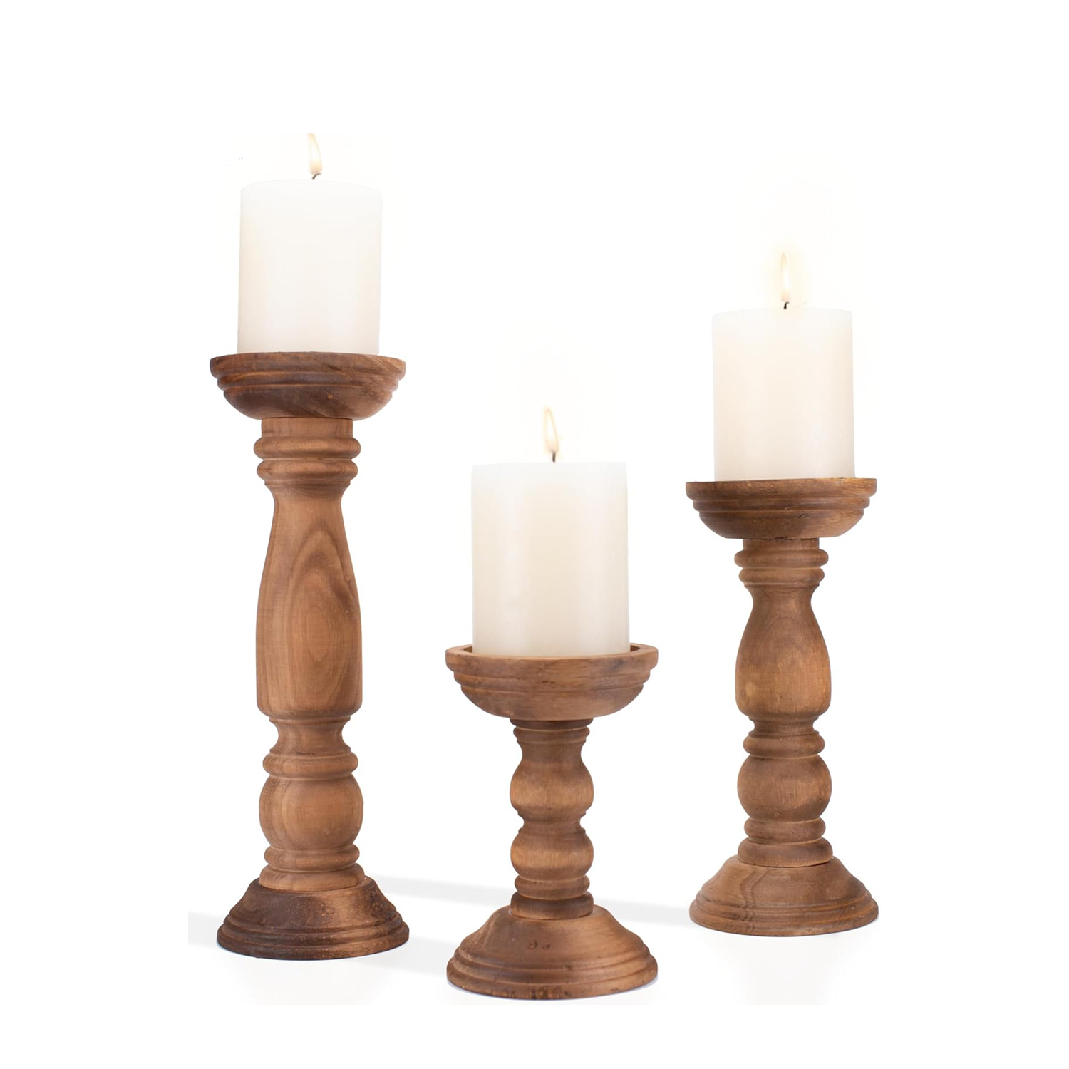Farmhouse Wooden Candle Holders for Pillar Candles Tall Candle Stand Wood Candle Holder Table Centerpiece Decor Set of 3
