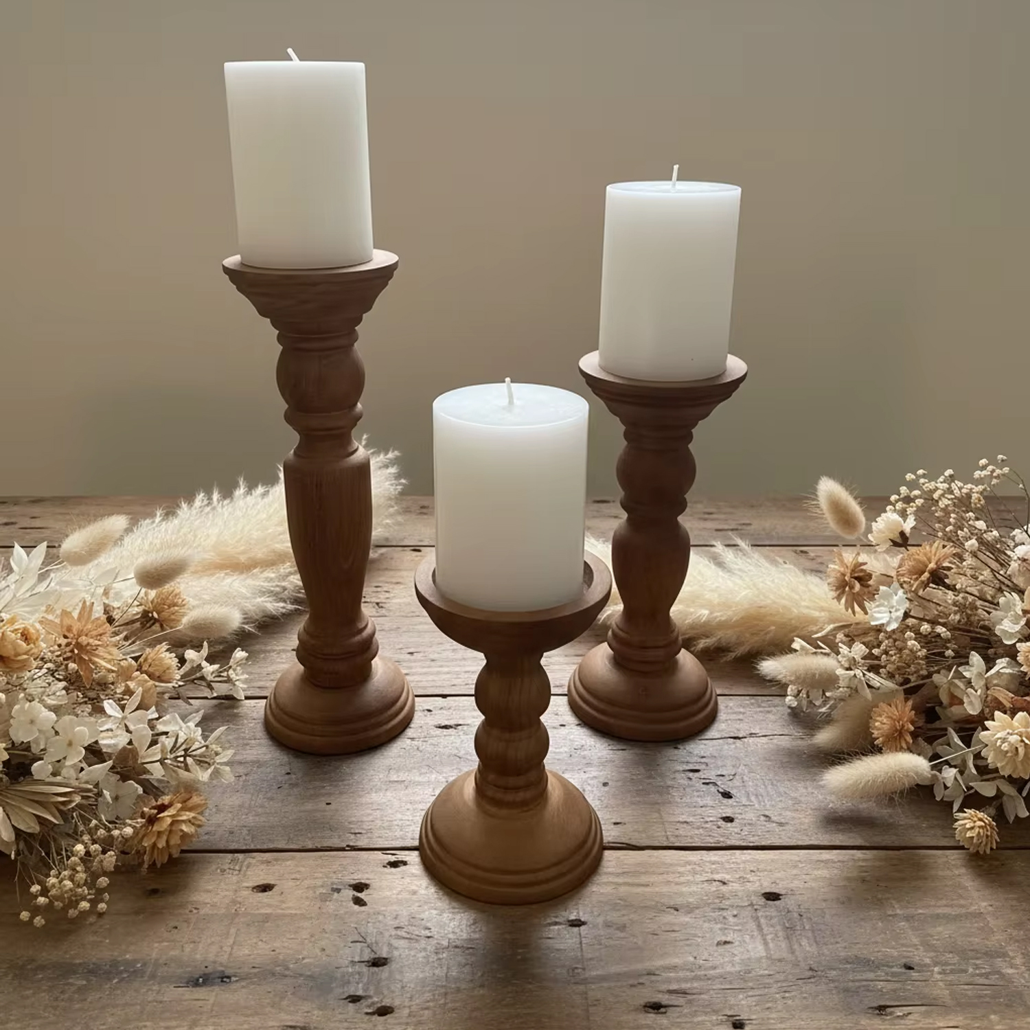 Farmhouse Wooden Candle Holders for Pillar Candles Tall Candle Stand Wood Candle Holder Table Centerpiece Decor Set of 3 - Image 6