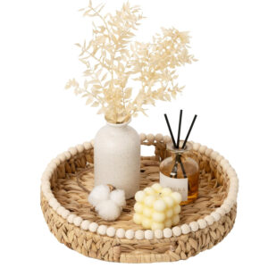 Round Wicker Coffee Table Tray with Wooden Beads and Handles Farmhouse Home Decor