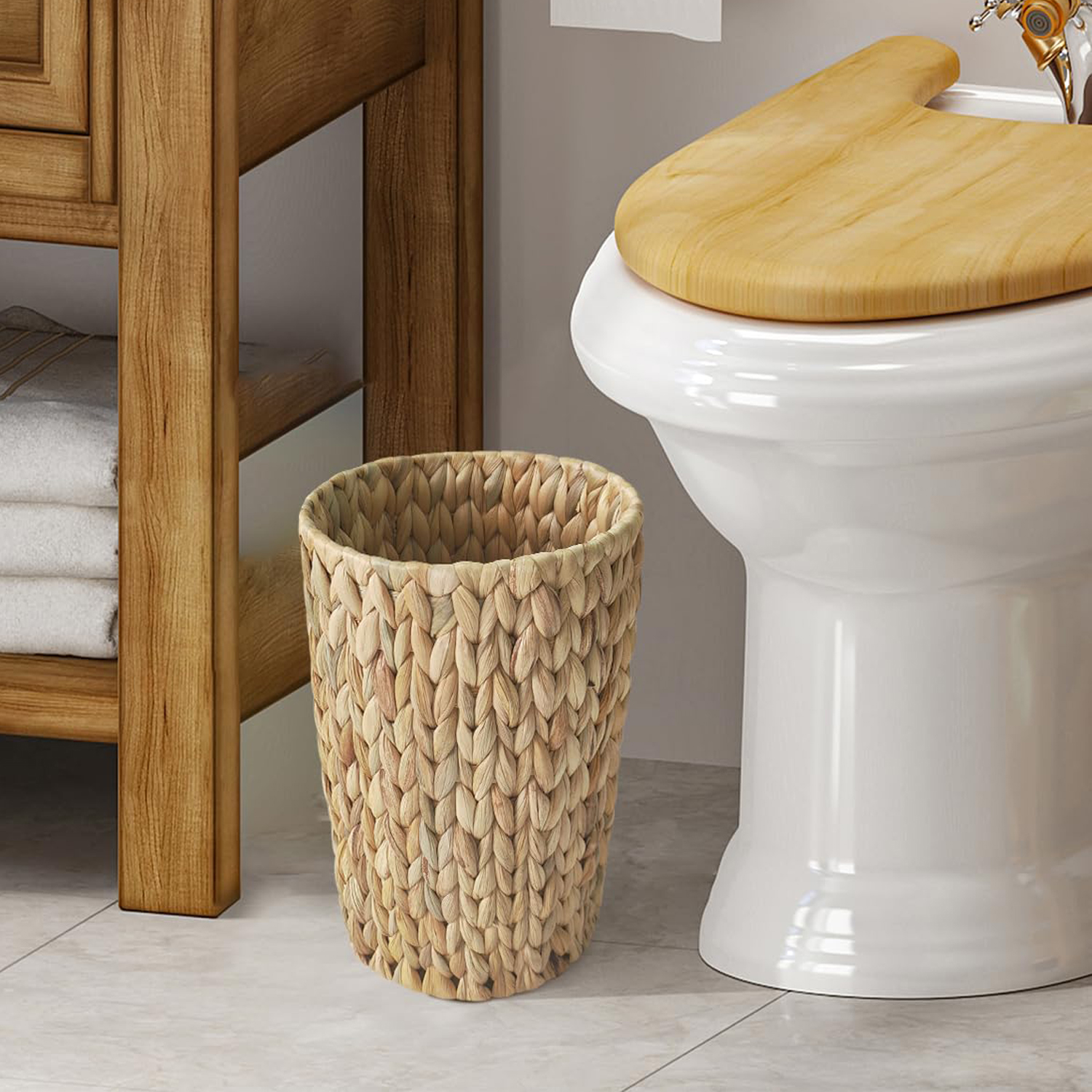 2 Gallon Water Hyacinth Wicker Trash Can - Small Round Waste Basket, Natural Woven Storage Bin for Bathroom, Bedroom, Office & Kitchen - Image 3