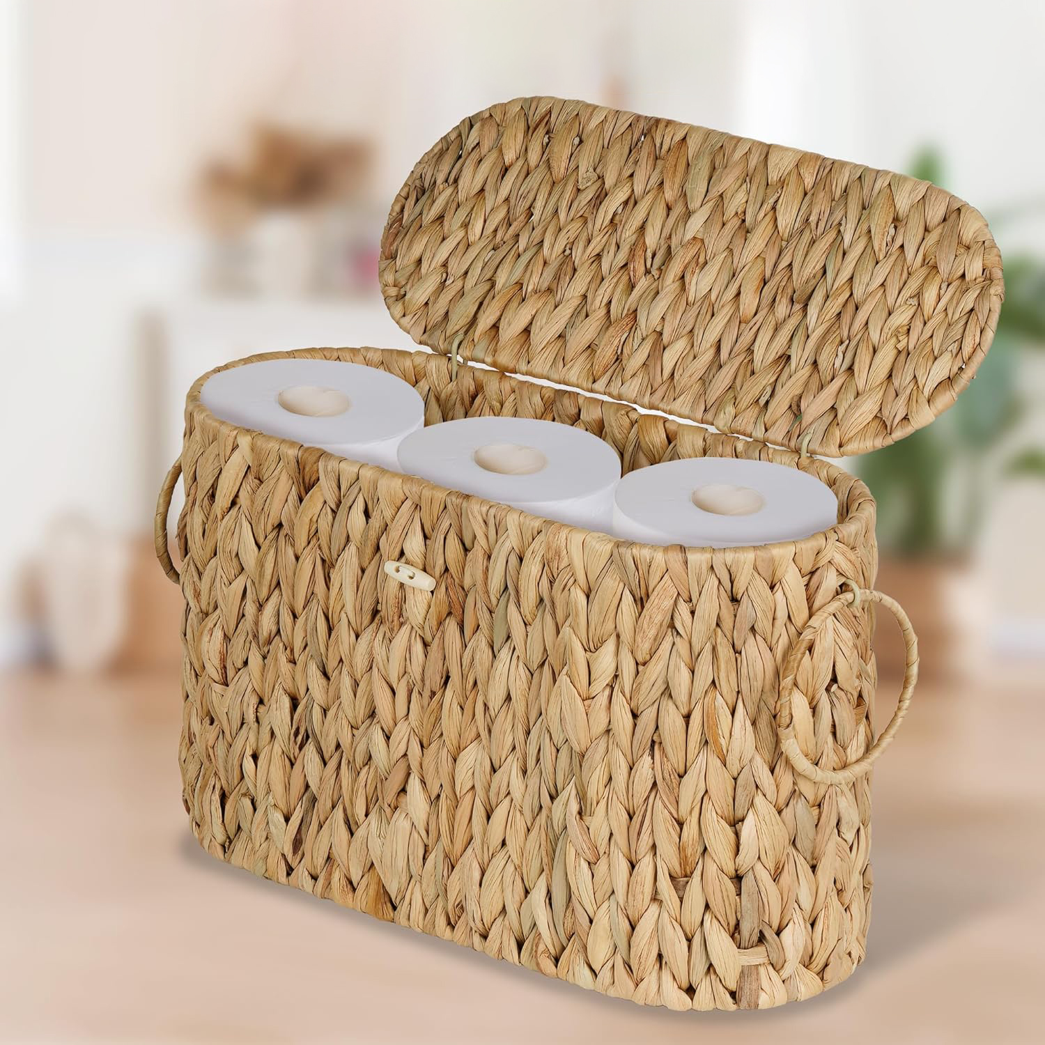 Water Hyacinth Toilet Paper Storage Basket with Lid - Holds 9 Mega Rolls, Bathroom Organizer for Tissue & Supplies, Natural Woven Vanity Basket - Image 3