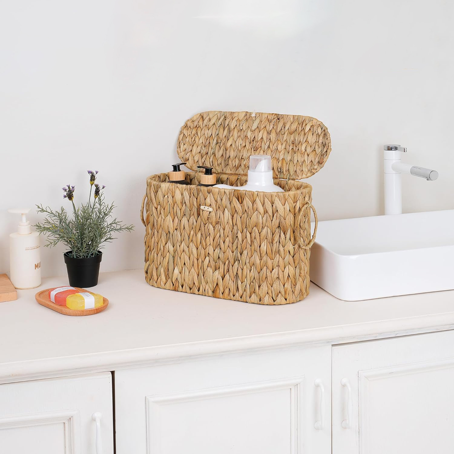 Water Hyacinth Toilet Paper Storage Basket with Lid - Holds 9 Mega Rolls, Bathroom Organizer for Tissue & Supplies, Natural Woven Vanity Basket - Image 5