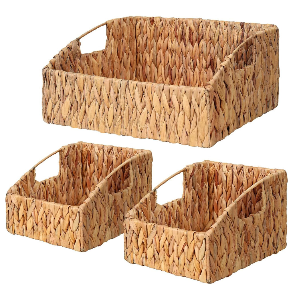 Natural Water Hyacinth Storage Baskets Set of 3 - Handwoven Wicker Bins with Built-in Handles, Stackable Organizer for Home, Office & Nursery