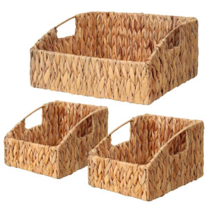 Natural Water Hyacinth Storage Baskets Set of 3 - Handwoven Wicker Bins with Built-in Handles, Stackable Organizer for Home, Office & Nursery