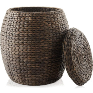 Round Water Hyacinth Storage Basket with Lid - Espresso Handwoven Organizer for Home, Office & Nursery, Stackable Wicker Bin with Durable Handle