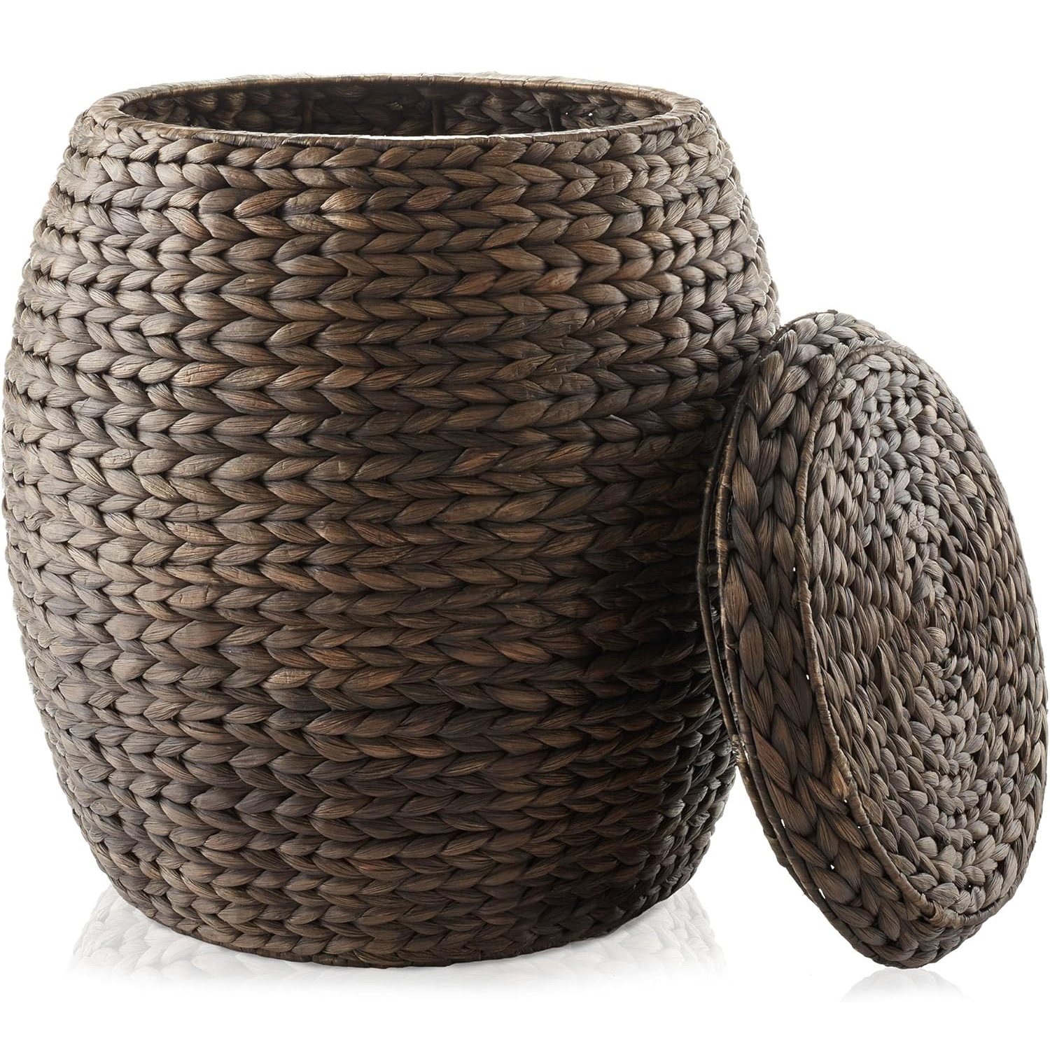 Round Water Hyacinth Storage Basket with Lid - Espresso Handwoven Organizer for Home, Office & Nursery, Stackable Wicker Bin with Durable Handle