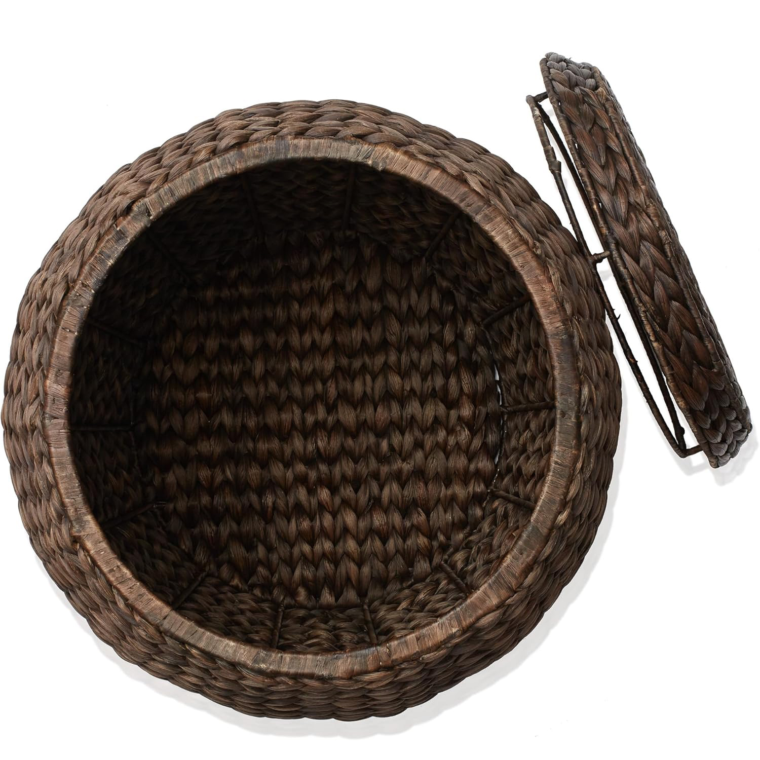 Round Water Hyacinth Storage Basket with Lid - Espresso Handwoven Organizer for Home, Office & Nursery, Stackable Wicker Bin with Durable Handle - Image 5