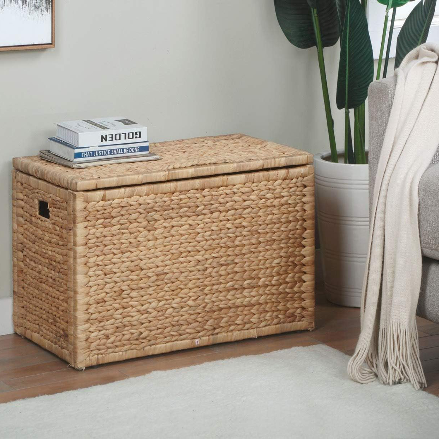 Heavy-Duty Water Hyacinth Storage Trunk with Metal Frame - 30x17.5x17.5 Inch Natural Wicker Blanket Chest, Farmhouse Storage Box with Safety Hinge for Living Room, Bedroom & Entryway - Image 3