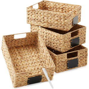 Water Hyacinth Pantry Baskets Set of 4 - 10x13x5 Inch Storage Bins with Chalkboard Labels, Natural Wicker Kitchen Organizer for Shelves, Cabinets & Countertops