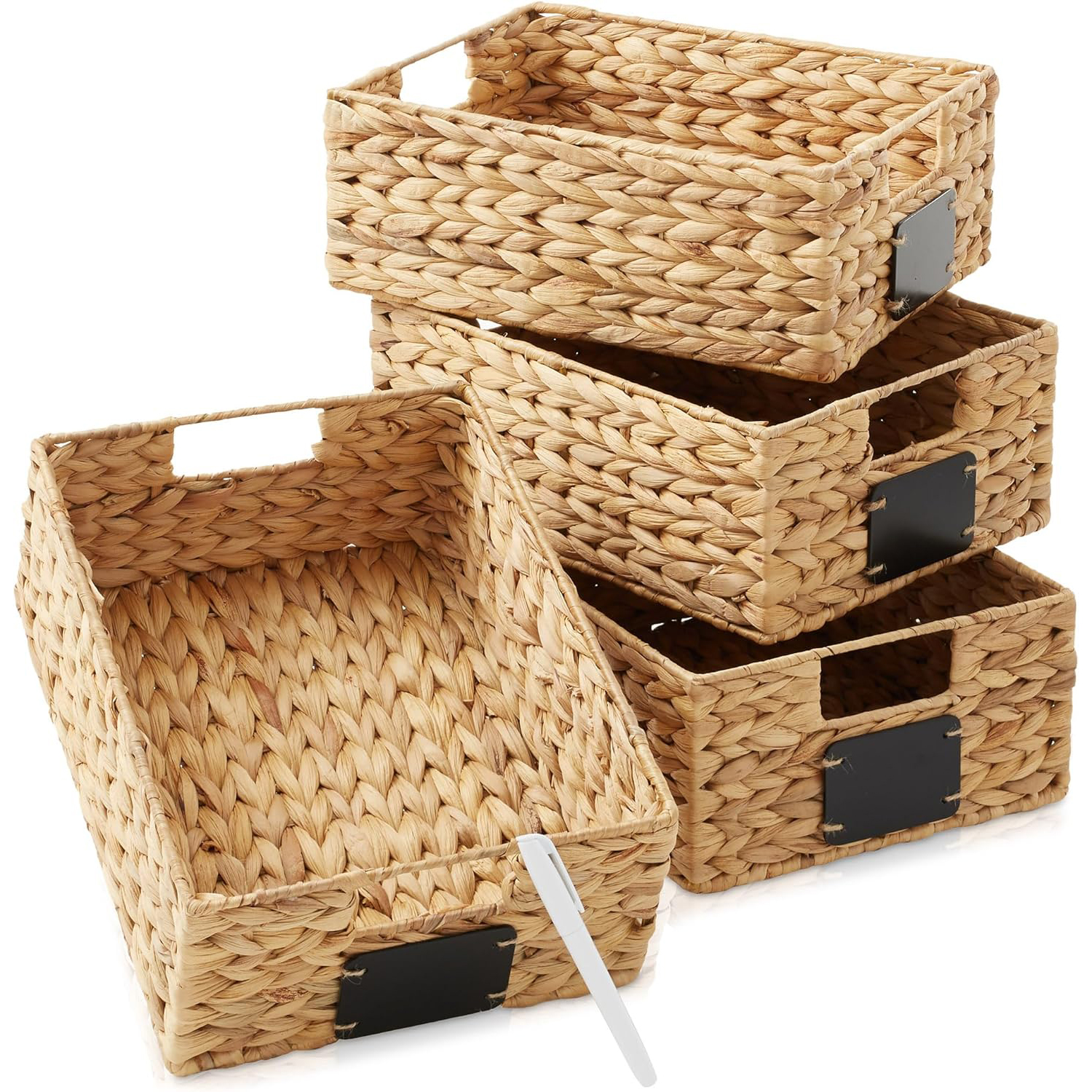 Water Hyacinth Pantry Baskets Set of 4 - 10x13x5 Inch Storage Bins with Chalkboard Labels, Natural Wicker Kitchen Organizer for Shelves, Cabinets & Countertops