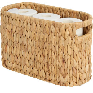Water Hyacinth Toilet Paper Storage Basket with Built-in Handles - Holds 6 Rolls, Wicker Bathroom Organizer for Vanity, Counter & Shelf