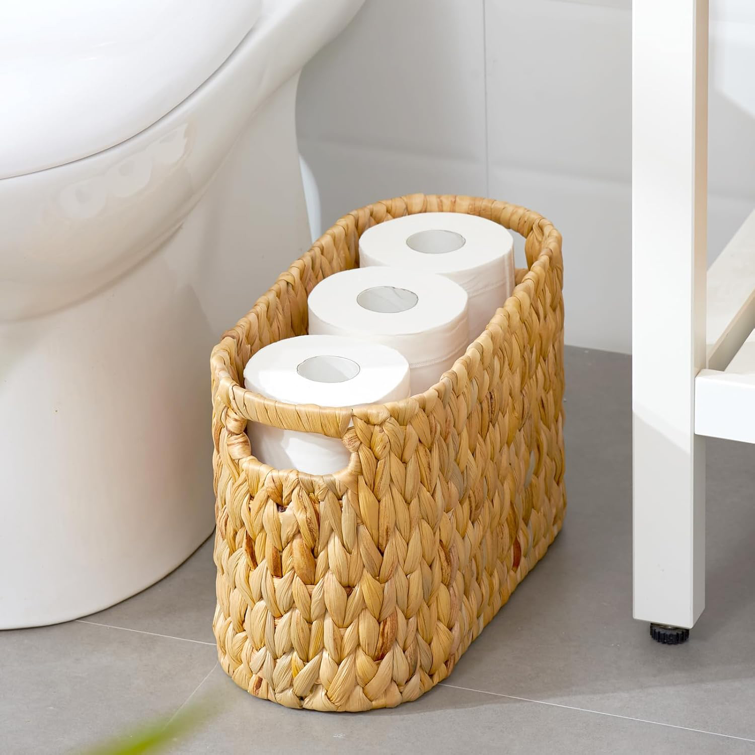 Water Hyacinth Toilet Paper Storage Basket with Built-in Handles - Holds 6 Rolls, Wicker Bathroom Organizer for Vanity, Counter & Shelf - Image 3