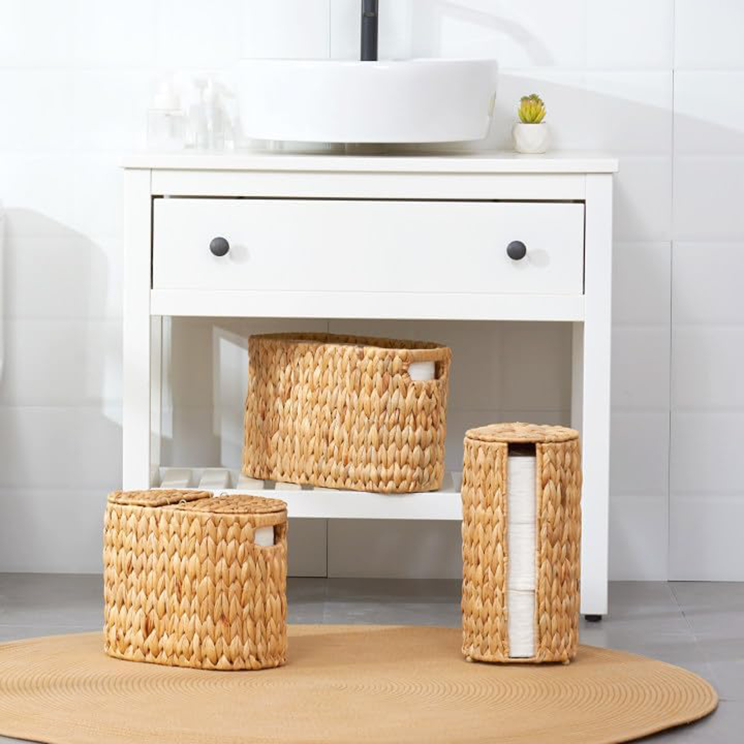 Water Hyacinth Toilet Paper Storage Basket with Built-in Handles - Holds 6 Rolls, Wicker Bathroom Organizer for Vanity, Counter & Shelf - Image 4