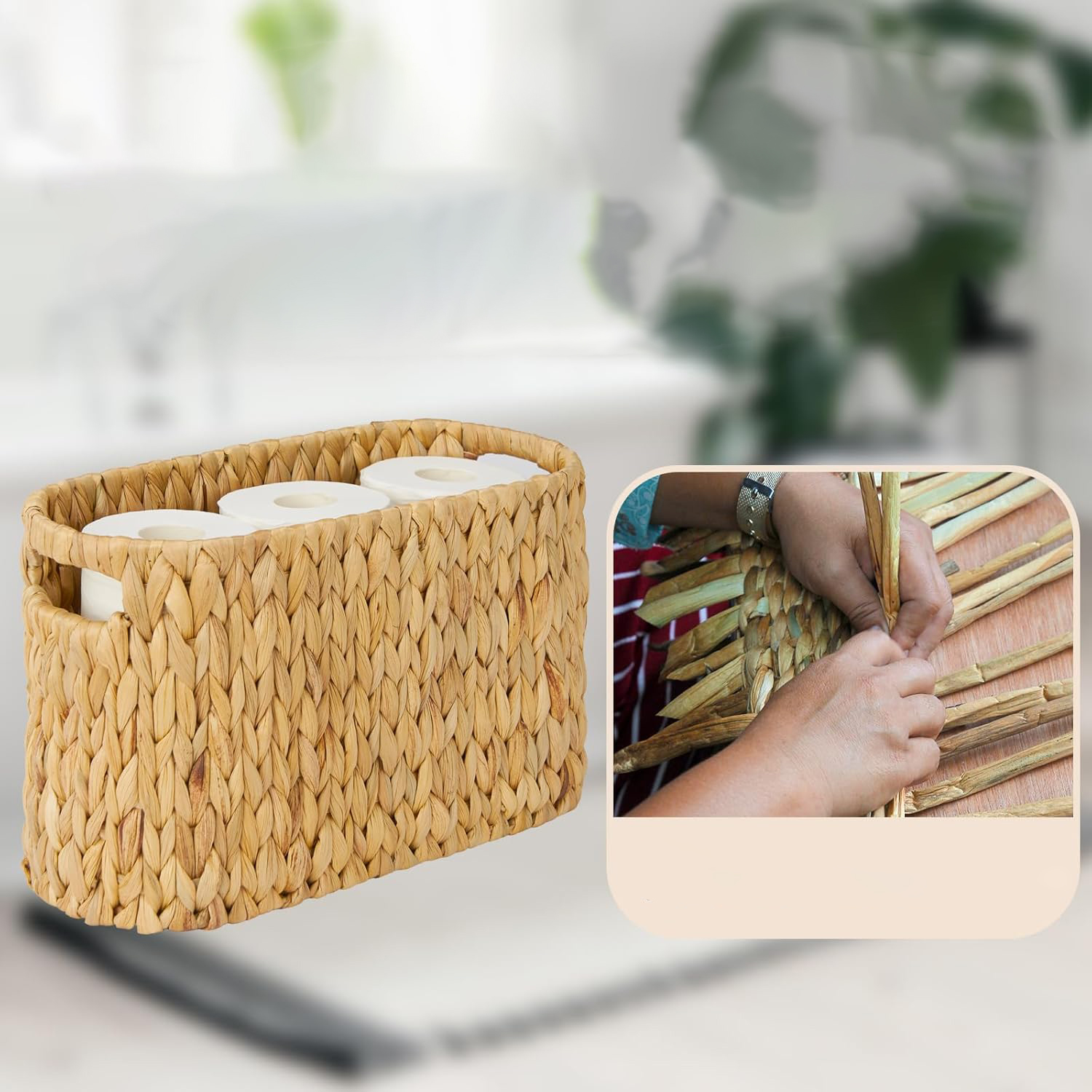 Water Hyacinth Toilet Paper Storage Basket with Built-in Handles - Holds 6 Rolls, Wicker Bathroom Organizer for Vanity, Counter & Shelf - Image 5