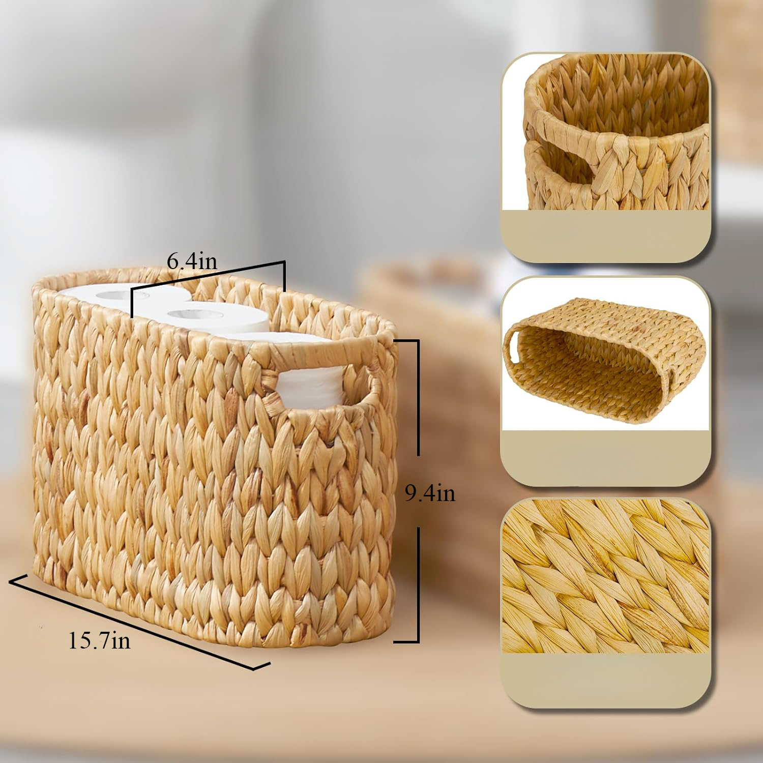 Water Hyacinth Toilet Paper Storage Basket with Built-in Handles - Holds 6 Rolls, Wicker Bathroom Organizer for Vanity, Counter & Shelf - Image 7