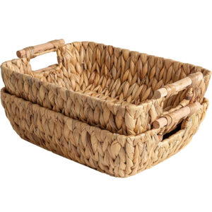 Handwoven Large Water Hyacinth Storage Baskets with Wooden Handles - 2-Pack Wicker Bins for Blankets, Toys & Laundry, Stackable Organizer for Home, Nursery & Closet