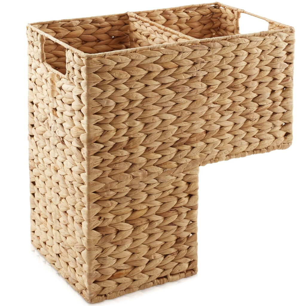 Water Hyacinth Stair Step Basket with Handles - 2-Compartment Woven Staircase Storage Organizer, Natural Eco-Friendly Bin for Shoes, Books & Toys, Fits Most Stairs