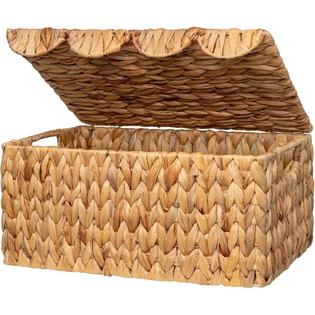 Water Hyacinth Wicker Basket with Scalloped Lid & Handles - Handwoven Storage Box with Iron Frame, Natural Decorative Organizer for Nursery, Living Room & Bathroom