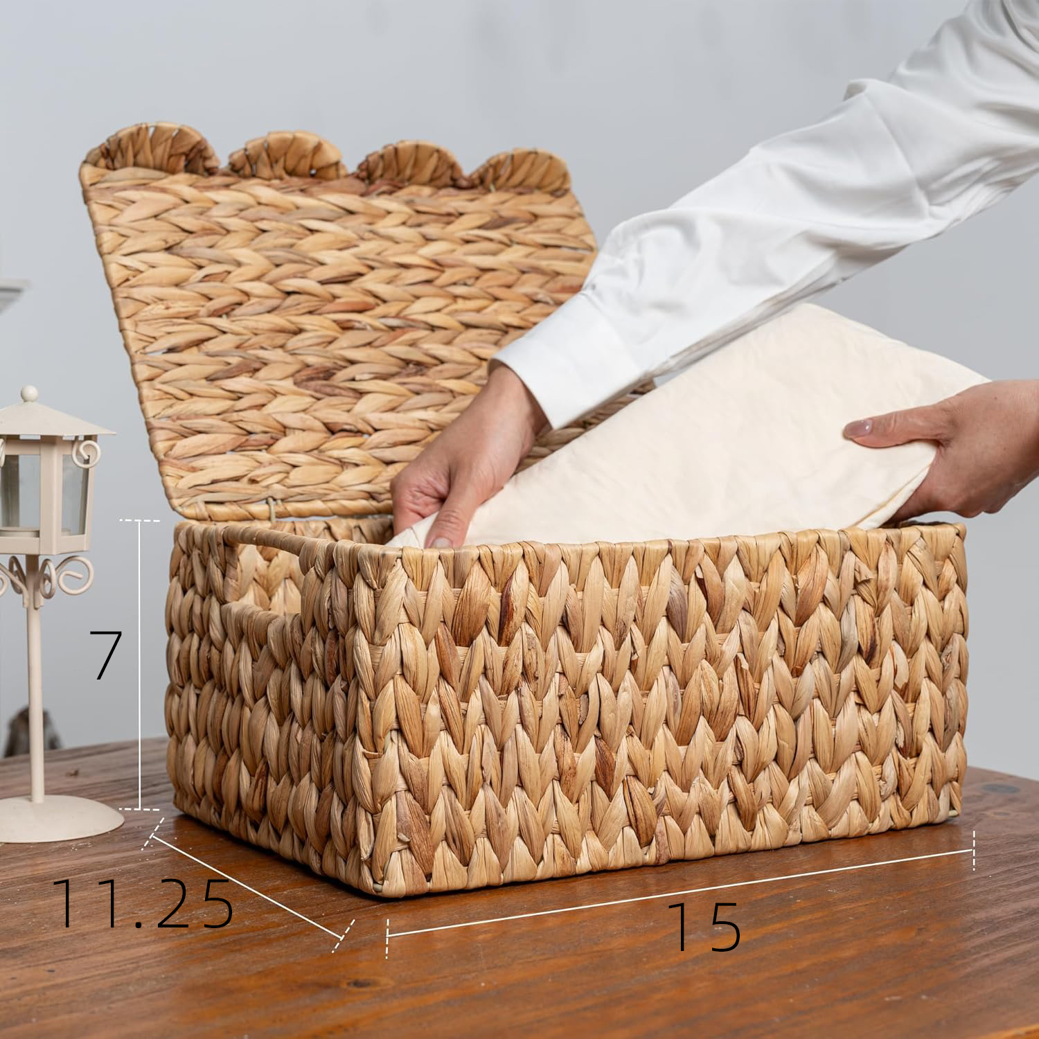 Water Hyacinth Wicker Basket with Scalloped Lid & Handles - Handwoven Storage Box with Iron Frame, Natural Decorative Organizer for Nursery, Living Room & Bathroom - Image 2